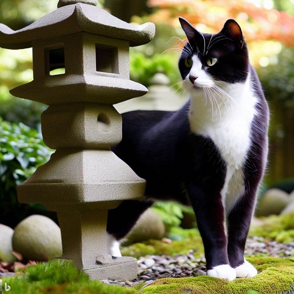 Tuxedo Cat standing near Lantern in Japanese Garden